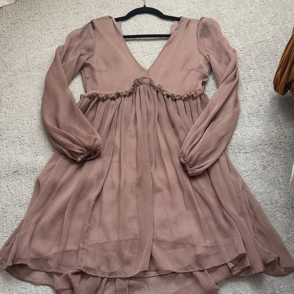 H&M Mauve V-Neck Sheer Long Sleeve Short Dress